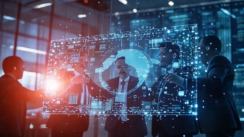 A photorealistic, professional photography image of a determined business team collaborating around a large, futuristic holographic display, visually breaking through a complex data integration problem. Metaphorical chains are breaking, representing overcoming obstacles. Cinematic lighting, sharp focus on the team and holographic data, depth of field blurring the background, 8K hyper-detailed, shot on a high-end DSLR, conveying problem-solving and triumph.