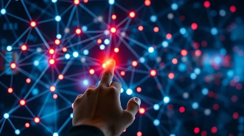 A photorealistic image of a complex, glowing network graph on a futuristic screen, with nodes and lines representing social media accounts and connections. Some nodes are highlighted in red, indicating suspicious activity or bot accounts. A human hand is interacting with a touch screen, analyzing the data. Cinematic lighting, sharp focus on the graph, depth of field blurring the background, 8K hyper-detailed.