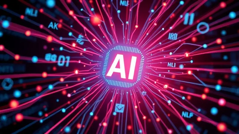 A photorealistic, professional photography image showing a complex network of digital data streams converging into a central glowing AI core, with various symbols representing NLP, computer vision, and anomaly detection. Cinematic lighting emphasizes the intricate connections, sharp focus on the central AI, depth of field blurring the background. 8K hyper-detailed, shot on a high-end DSLR, conveying intelligence and precision.