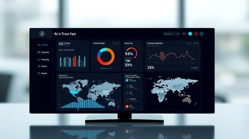 A photorealistic, professional photography image of a sleek, minimalist dashboard interface displaying various AI-powered fact-checking metrics: real-time content analysis, deepfake detection alerts, sentiment analysis graphs, and a world map with hotspots of misinformation. Cinematic lighting, sharp focus on the central screen, depth of field blurring the background, 8K hyper-detailed, shot on a high-end DSLR, conveying control and efficiency.