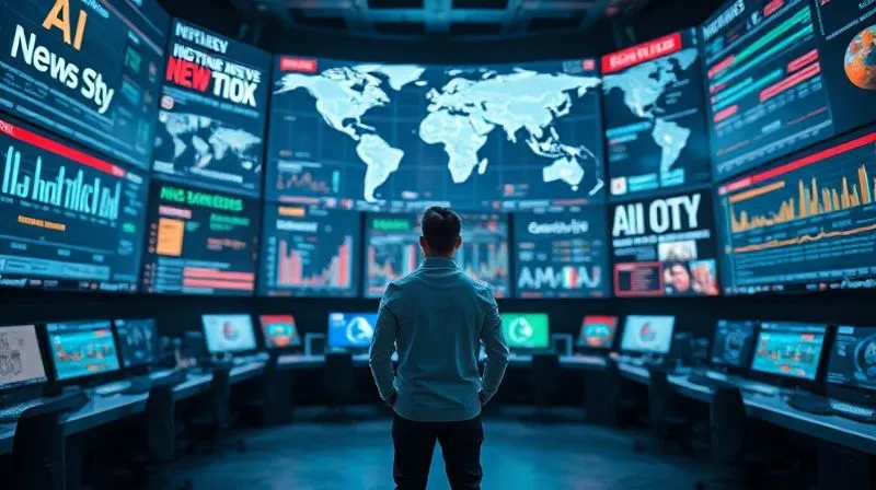 A photorealistic, professional photography image of a futuristic control room, with multiple large screens displaying real-time data visualizations of global news flows, AI algorithms predicting misinformation hotspots, and blockchain ledgers tracking content provenance. A lone, focused journalist stands at the center, overseeing the complex system. Cinematic lighting, sharp focus on the journalist and screens, depth of field blurring the background, 8K hyper-detailed, shot on a high-end DSLR, conveying a sense of advanced foresight and control.