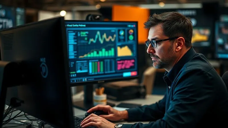 A photorealistic, professional photography of a journalist working intensely at a computer, with an AI interface displayed prominently on one screen showing real-time data analysis and alerts for potential misinformation. The journalist's face shows concentration and determination. Cinematic lighting, sharp focus on the journalist and screen, depth of field blurring the newsroom background, 8K hyper-detailed.