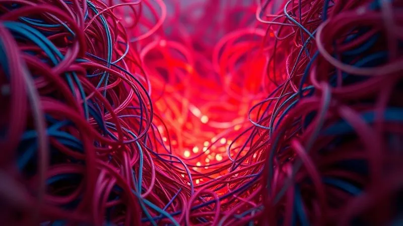 A photorealistic image showing a tangled mess of red and blue threads representing manual processes and inefficiencies, with a single, clear, illuminated path emerging from the chaos, symbolizing automation and clarity. Cinematic lighting, sharp focus on the clear path, depth of field blurring the chaotic background, 8K hyper-detailed, shot on a high-end DSLR.