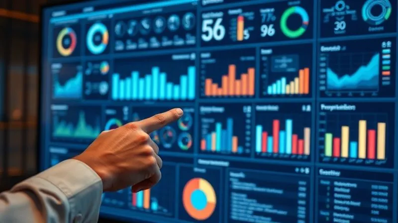 A photorealistic image of a business professional pointing at a large, interactive screen displaying a complex data visualization dashboard with various KPIs and metrics for project efficiency and team well-being. The data is presented in clear, actionable charts. Cinematic lighting, sharp focus on the screen and the professional's hand, depth of field blurring the background, 8K hyper-detailed, shot on a high-end DSLR.