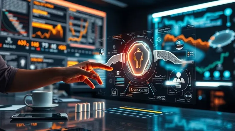 A photorealistic image of a futuristic digital agency workspace, where holographic interfaces display complex project timelines and data. A human hand interacts with a glowing, intelligent AI assistant projecting from a desk, symbolizing advanced automation and human-AI collaboration. Cinematic lighting, sharp focus on the interaction, depth of field blurring the futuristic background, 8K hyper-detailed, shot on a high-end DSLR.