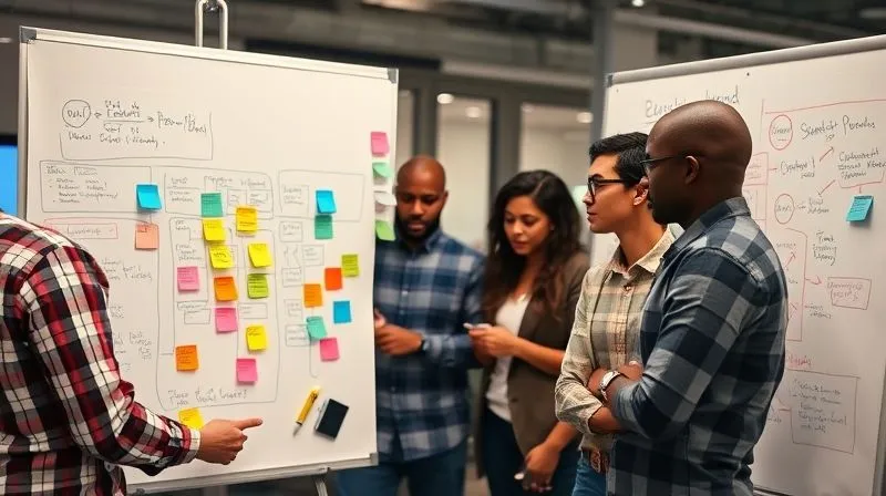 A professional photography shot of a diverse team of digital agency employees collaboratively mapping out a complex workflow on a large whiteboard with colorful sticky notes and markers. They look engaged and problem-solving, with cinematic lighting highlighting their faces. 8K hyper-detailed, sharp focus, depth of field blurring the office background.