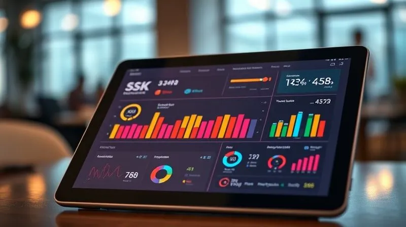 A photorealistic close-up of a digital dashboard on a tablet, displaying various project management metrics like task completion rates, team workload, and client feedback. The screen glows with vibrant data visualizations. In the background, a blurred office environment suggests busy but organized activity. 8K, cinematic lighting, sharp focus on the tablet, depth of field.