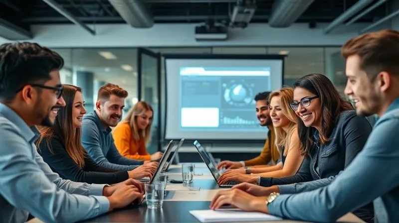 A professional photography image of a diverse group of young, tech-savvy professionals in a modern office, actively participating in a training session focused on new automation software. They are engaged, smiling, and using laptops, with a projector screen showing a user-friendly interface. Cinematic lighting, sharp focus on the faces, depth of field blurring the background. 8K hyper-detailed.