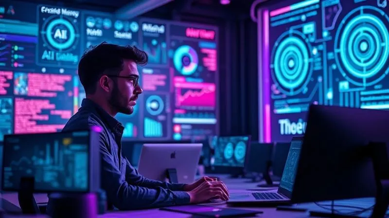 A photorealistic and futuristic image of a digital agency office, where holographic screens display complex AI algorithms and data visualizations. A human creative director is interacting seamlessly with an AI assistant, both focused on a large, innovative marketing campaign concept. The atmosphere is collaborative and high-tech, with cinematic blue and purple lighting. 8K, sharp focus, depth of field.