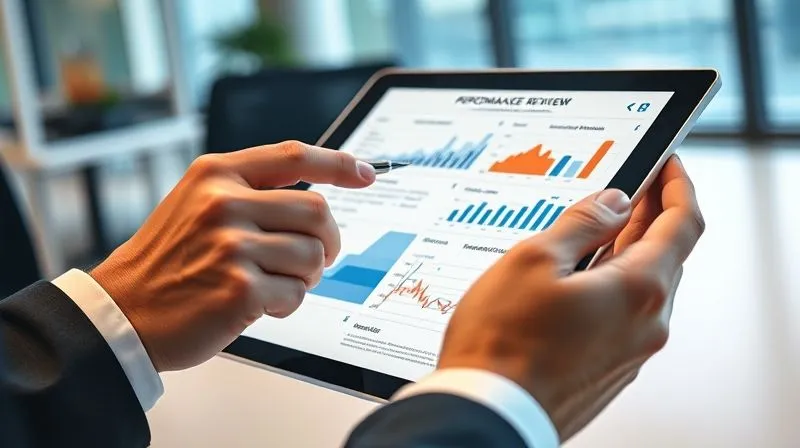 Photorealistic, professional photography, 8K, cinematic lighting, sharp focus, depth of field, shot on a high-end DSLR. A professional hand holding a pen, pointing at a feedback form or a performance review document on a tablet, with graphs and metrics visible, in a modern, well-lit office environment. The scene conveys objective evaluation and constructive feedback.