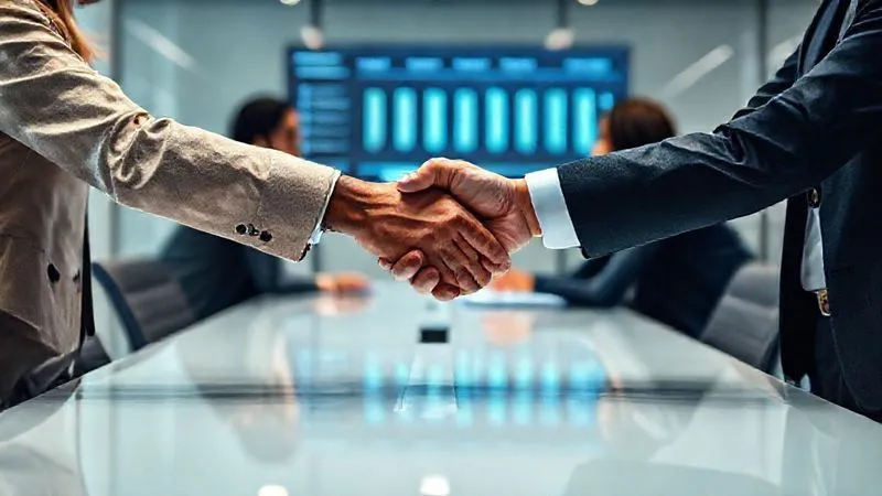 A photorealistic image of two diverse professionals shaking hands firmly across a modern conference table, a digital interface showing project timelines in the background. The handshake conveys trust and partnership. Cinematic lighting, sharp focus, depth of field. 8K hyper-detailed, shot on a high-end DSLR.