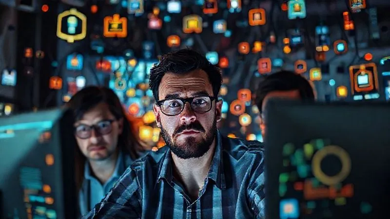 A photorealistic image of a digital agency team looking overwhelmed by a tangled mess of glowing software icons and complex interfaces on multiple screens, with a subtle hint of frustration and confusion. Cinematic lighting, sharp focus on the team's distressed expressions, depth of field blurring the background, 8K hyper-detailed, professional photography, shot on a high-end DSLR, conveying the struggle with too many unmanaged digital tools.