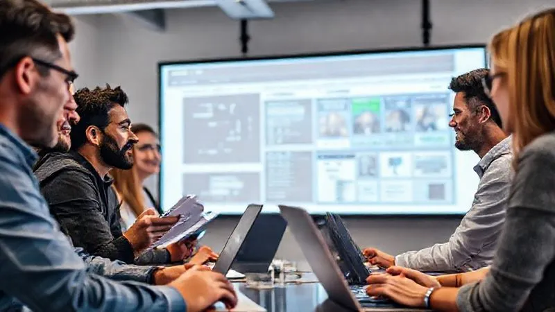 A photorealistic image of a diverse digital agency team actively engaged in a software training session, with a knowledgeable trainer guiding them through a user-friendly interface projected on a large screen. Faces show understanding and confidence, with some team members taking notes and others interacting with the software on their laptops. Cinematic lighting, sharp focus on the interaction and the screen, depth of field blurring the background, 8K hyper-detailed, professional photography, shot on a high-end DSLR, conveying effective learning and adoption.