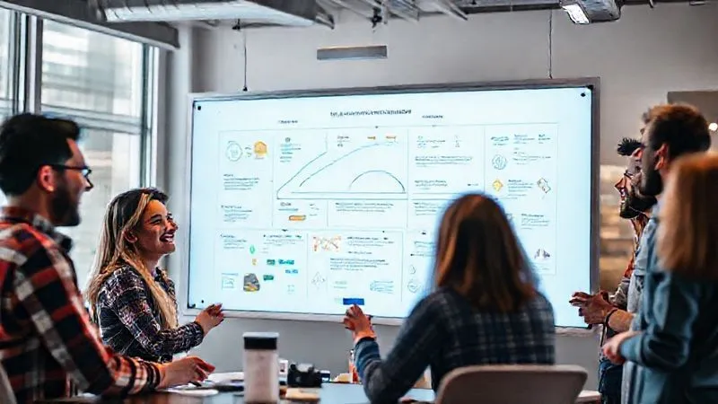 A photorealistic image of a diverse digital agency team collaboratively brainstorming around a large interactive digital whiteboard displaying a streamlined workflow diagram and key performance indicators, with everyone actively contributing ideas and smiling. The atmosphere is innovative, efficient, and highly collaborative. Cinematic lighting, sharp focus on the team's interaction and the vibrant display, depth of field blurring the background, 8K hyper-detailed, professional photography, shot on a high-end DSLR, conveying a culture of technological optimization.