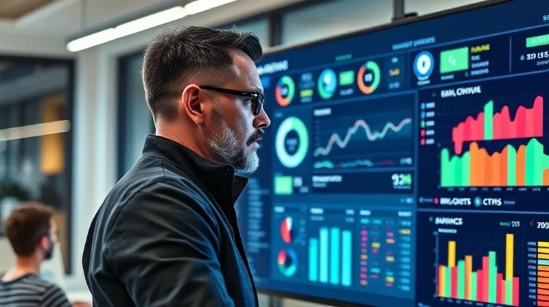 A photorealistic, professional photography shot of a project manager analyzing a vibrant, complex dashboard on a large screen, showing real-time project metrics, budget vs. actuals, and team utilization. The manager has a focused expression, cinematic lighting, sharp focus on the screen, depth of field blurring the modern office background, 8K hyper-detailed, shot on a high-end DSLR.