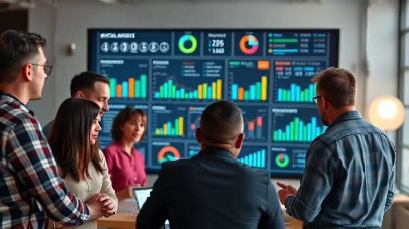 A photorealistic, professional photography of a diverse team of digital agency professionals gathered around a large, interactive screen displaying a dynamic dashboard with various charts and graphs representing project profitability, team utilization, and client satisfaction metrics. The atmosphere is collaborative and insightful, with cinematic lighting, sharp focus on the dashboard, depth of field blurring the background, 8K hyper-detailed, shot on a high-end DSLR.
