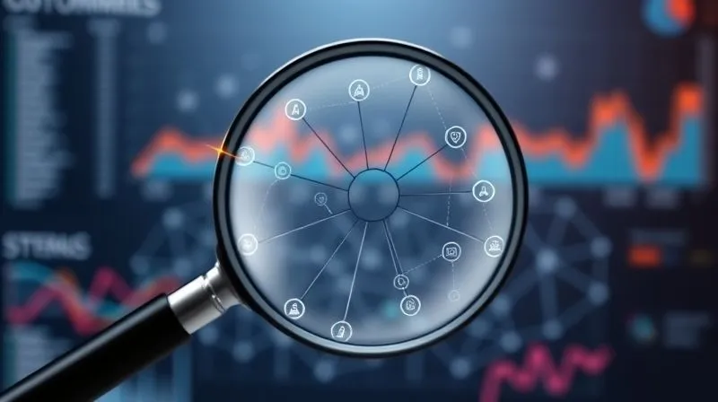 A photorealistic image of a magnifying glass hovering over a complex, interconnected web of customer relationships, highlighting points of potential weakness and strength. The background is a blurred digital dashboard with analytics. Professional photography, 8K, cinematic lighting, sharp focus on the magnifying glass, depth of field, shot on a high-end DSLR. Emotional resonance: analytical insight and strategic understanding.