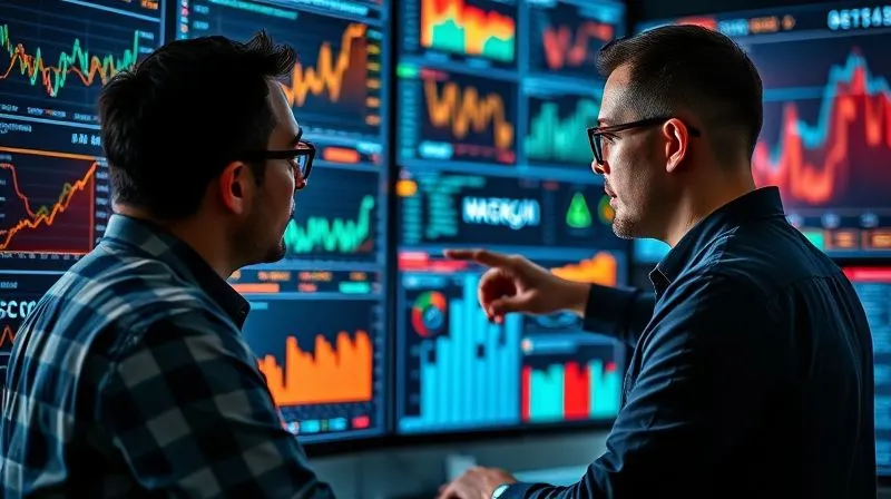 A photorealistic image of a digital strategist analyzing complex data visualizations on multiple screens, surrounded by glowing graphs and charts. The strategist is pointing at a key metric, showing insight and proactive decision-making. Professional photography, 8K, cinematic lighting, sharp focus on the strategist and screens, depth of field, shot on a high-end DSLR. Emotional resonance: intelligence and foresight.