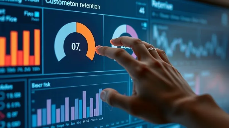 A photorealistic image of a sophisticated digital dashboard displaying various customer retention metrics, with a red alert flashing next to a 'churn risk' indicator. A hand is reaching out to interact with the screen. Professional photography, 8K, cinematic lighting, sharp focus on the dashboard, depth of field, shot on a high-end DSLR. Emotional resonance: vigilance and data-driven decision making.