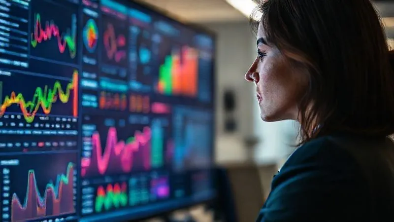 A photorealistic image of a professional woman, head slightly tilted, intensely analyzing a complex dashboard on a large monitor, showing various charts and data points in vibrant colors. Her reflection shows determination. Cinematic lighting, sharp focus on the data and her thoughtful expression, depth of field blurring the office background, 8K hyper-detailed, professional photography, shot on a high-end DSLR.