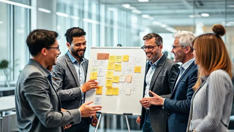 A photorealistic image of a diverse group of business professionals in a modern, brightly lit office, engaged in a collaborative brainstorming session. They are gathered around a whiteboard with sticky notes and diagrams, some smiling and gesturing, showing active participation and positive interaction. Cinematic lighting, sharp focus on the group, depth of field blurring the background, 8K hyper-detailed, professional photography, shot on a high-end DSLR.