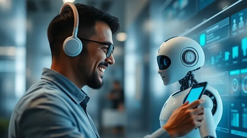 A photorealistic image of a sleek, modern digital interface featuring an AI chatbot interacting with a happy customer, cinematic lighting, sharp focus on the interaction, depth of field, 8K, professional photography, shot on a high-end DSLR.