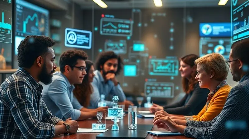 A photorealistic image of a diverse group of marketing professionals engaging in a dynamic brainstorming session, with holographic projections of AI-generated data and creative concepts surrounding them. The atmosphere is vibrant and collaborative, with cinematic lighting, sharp focus on their faces, depth of field, 8K, professional photography, shot on a high-end DSLR.