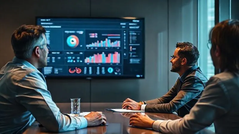 A photorealistic image of a professional business meeting, where an agency representative is presenting a data dashboard on a large screen to a client, both looking engaged and understanding. The dashboard should be clean, modern, and visually appealing, with charts and graphs. 8K, cinematic lighting, sharp focus on the presentation and faces, depth of field.