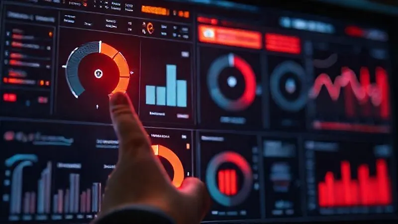 A photorealistic image of a futuristic data dashboard displaying various customer health metrics, with some indicators glowing red to signify risk. The overall aesthetic should be clean, high-tech, and easily understandable, with a human hand pointing to a critical metric. 8K, cinematic lighting, sharp focus on the dashboard, depth of field.