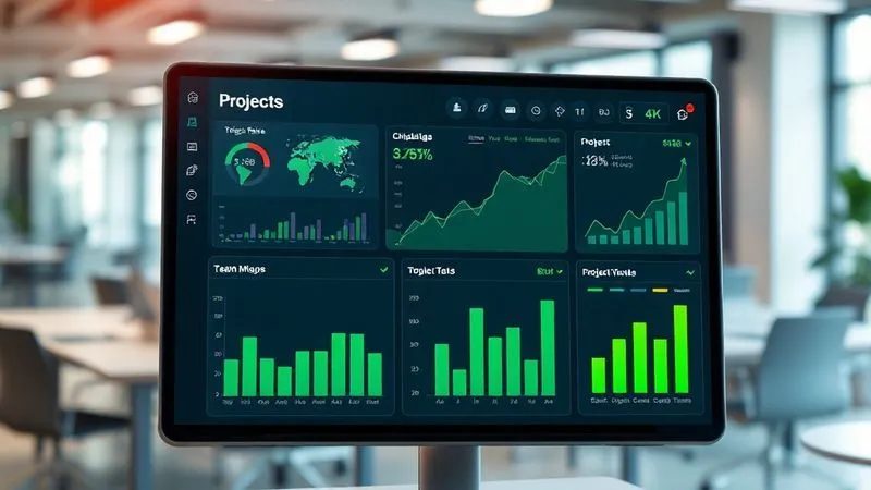 A photorealistic image of a sleek, modern digital dashboard displaying project management metrics, with various graphs and charts showing task completion rates, team workload, and project timelines. The interface is clean and intuitive, with a green upward trend indicating efficiency. Cinematic lighting, sharp focus, depth of field blurring a background of collaborative office space, 8K hyper-detailed.