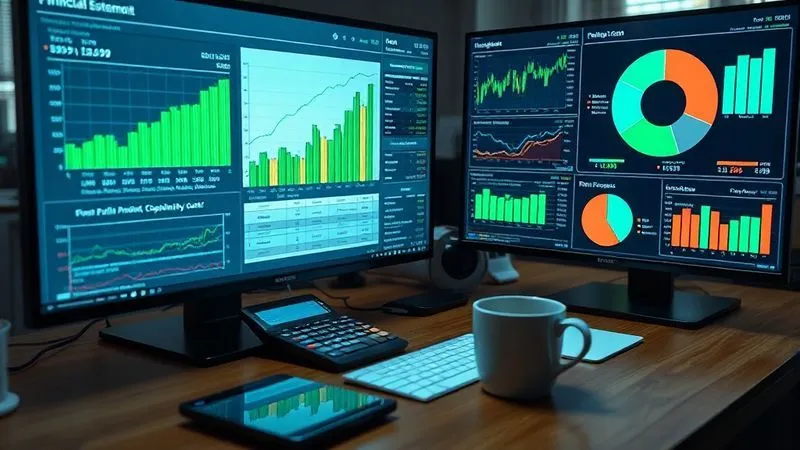 A photorealistic, detailed image of a financial analyst's desk, with multiple screens displaying complex financial dashboards. One screen shows a detailed profit and loss statement with green positive trends, another a bar chart breaking down profitability by client, and a third a pie chart of operational costs. A calculator and coffee cup are on the desk. Cinematic lighting, sharp focus on the screens and data, depth of field blurring the background, 8K hyper-detailed, professional photography, shot on a high-end DSLR.