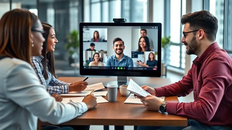 A photorealistic image of a diverse team of digital agency professionals engaged in a collaborative video conference call with a client. The team members are smiling and actively listening, with notes and strategy documents open on their desks. The client on the screen appears satisfied and engaged. Cinematic lighting, sharp focus on the team, depth of field blurring the modern office background, 8K hyper-detailed, professional photography, shot on a high-end DSLR.