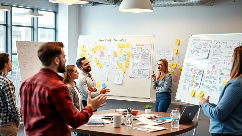 A photorealistic image of a diverse group of creative professionals in a modern, open-plan office, engaged in a vibrant brainstorming session. Whiteboards are covered with ideas, sticky notes, and diagrams for new products and services. One person is enthusiastically gesturing, while others are actively contributing. Cinematic lighting, sharp focus on the faces and whiteboards, depth of field blurring the background, 8K hyper-detailed, professional photography, shot on a high-end DSLR.