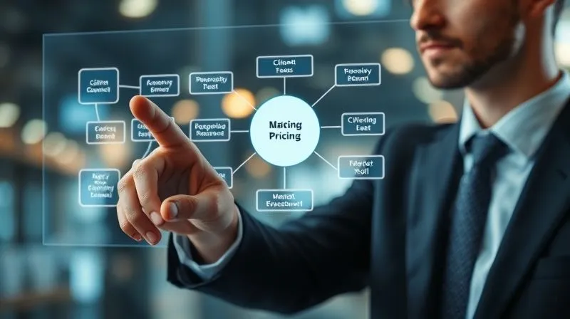Photorealistic image of a business person pointing at a complex flowchart on a transparent screen, illustrating 'Value-Based Pricing' strategies with interconnected nodes representing client ROI, agency expertise, and market demand. Cinematic lighting, sharp focus on the person and screen, depth of field, 8K hyper-detailed, professional photography.