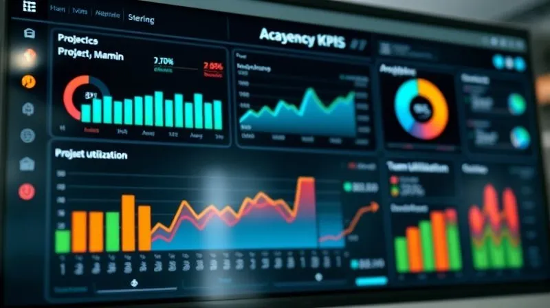 Photorealistic image of a modern analytics dashboard displaying various KPIs related to agency profitability, including project margin, team utilization, and proposal conversion rates, with data trends visualized in vibrant, easy-to-read charts. Cinematic lighting, sharp focus on the dashboard, depth of field, 8K hyper-detailed, professional photography.