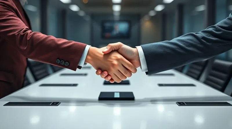 Photorealistic image of two business professionals shaking hands firmly across a modern conference table, one person showing a confident and resolute expression, symbolizing a successful and fair negotiation where both parties feel valued. Cinematic lighting, sharp focus on the handshake, depth of field, 8K hyper-detailed, professional photography.