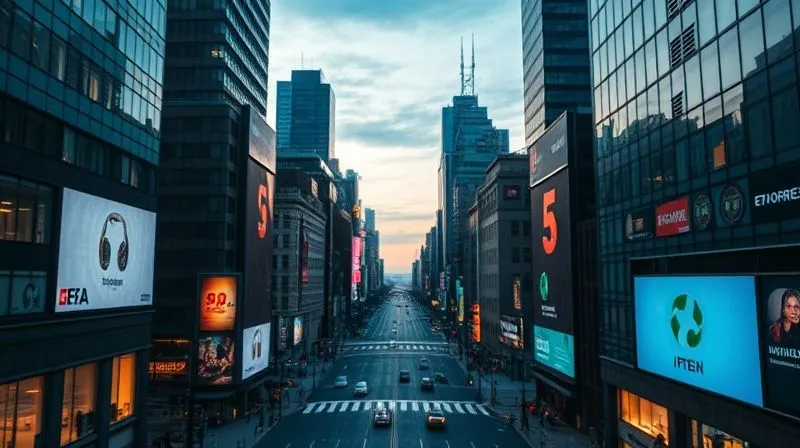 A photorealistic image of a cityscape at dusk, where digital advertisements seamlessly blend into the architecture, appearing naturally integrated into the environment rather than intrusive pop-ups. Soft, ambient lighting, sharp focus on the blend of ads and surroundings, depth of field blurring distant buildings, 8K hyper-detailed, professional photography, shot on a high-end DSLR.