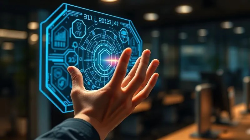 A photorealistic image of a human hand interacting with a holographic interface displaying complex algorithms and data patterns, symbolizing AI-driven optimization. The interface glows with intelligent insights, cinematic lighting, sharp focus on the hand and hologram, depth of field subtly blurring a futuristic office background, 8K hyper-detailed, professional photography, shot on a high-end DSLR.