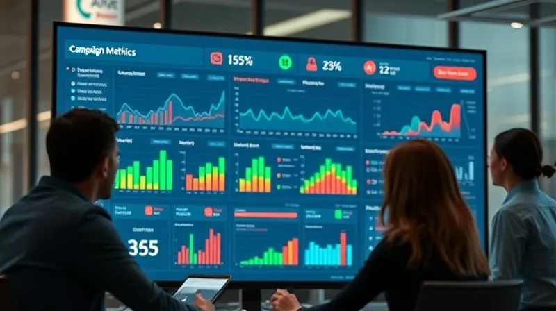A photorealistic image of a professional marketing team analyzing a large, sleek digital dashboard with various data visualizations (bar charts, line graphs) that display aggregated, privacy-compliant campaign performance metrics, not individual user data. The atmosphere is collaborative and focused, cinematic lighting, sharp focus on the dashboard and team, depth of field blurring the background, 8K hyper-detailed, professional photography, shot on a high-end DSLR.
