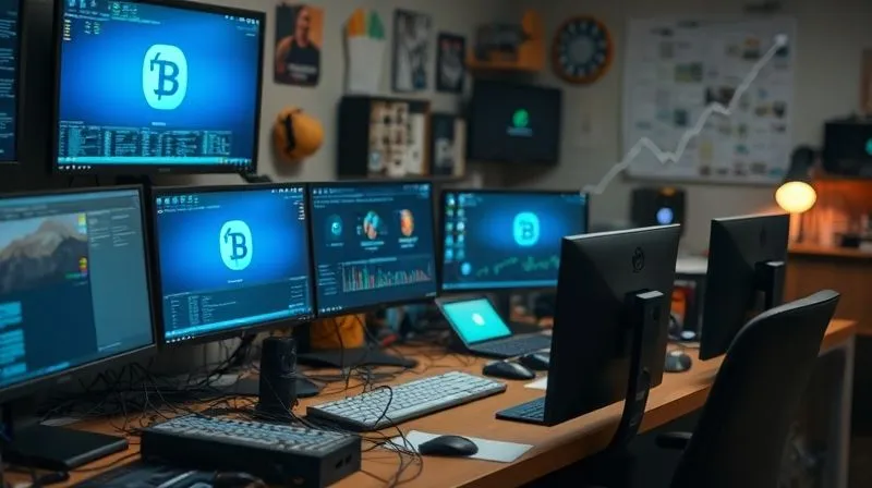 A photorealistic, professional photography image of a chaotic desk with multiple screens, tangled wires, and various software logos floating around, symbolizing digital disorganization. In the background, a faint outline of a rising cost graph, cinematic lighting, sharp focus on the desk, depth of field blurring the background, 8K hyper-detailed, shot on a high-end DSLR.
