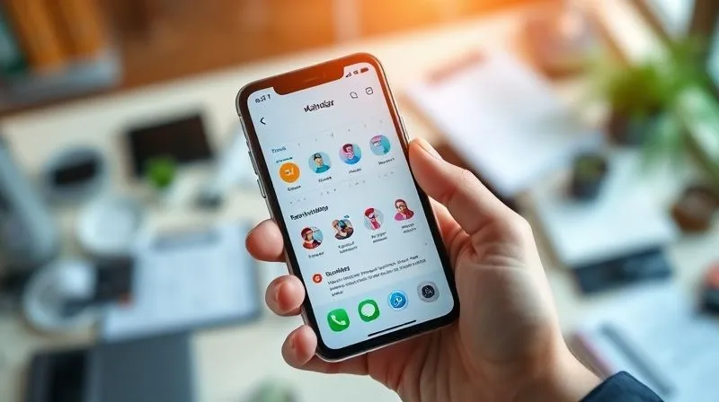 A photorealistic image of a smartphone screen displaying a calendar app with multiple notification icons and reminder alerts, a hand holding the phone, blurred background of a busy professional's desk. Cinematic lighting, sharp focus on the screen, 8K hyper-detailed.