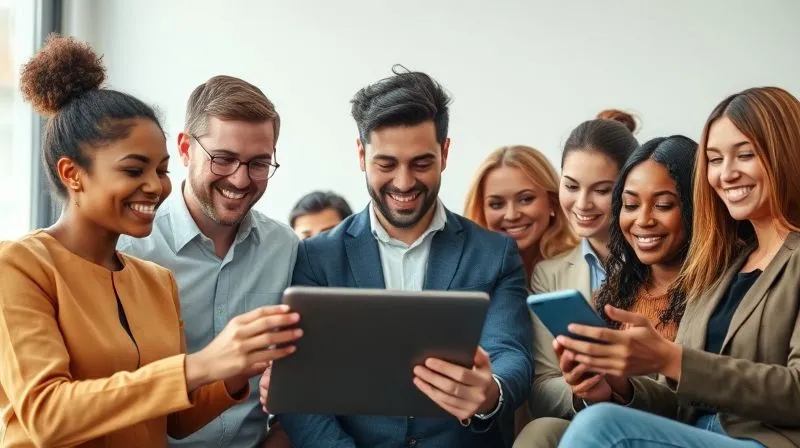 A photorealistic image of a professional, diverse group of people (clients) happily interacting with a digital booking interface on various devices (laptop, tablet, phone), all looking engaged and satisfied. Bright, clean aesthetic, cinematic lighting, sharp focus on the diverse faces and devices, 8K hyper-detailed.