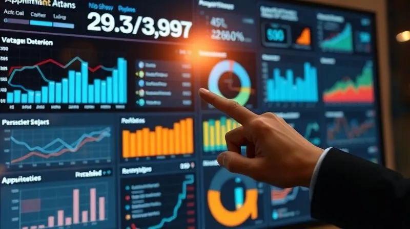 A photorealistic image of a data dashboard on a large monitor, displaying various charts and graphs related to appointment attendance, no-show rates, and client behavior patterns. A hand points to a specific data point, cinematic lighting, sharp focus on the data, 8K hyper-detailed.