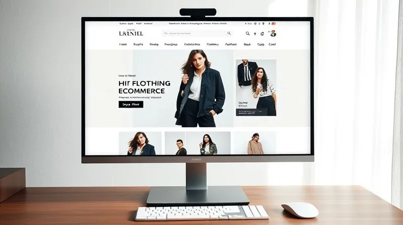A photorealistic, professional photography, 8K, cinematic lighting, sharp focus, depth of field, shot on a high-end DSLR, showing a sleek, modern fashion e-commerce website on a desktop monitor, displaying high-quality clothing photography with vibrant colors, clean layout, and fast loading indicators in the corner. The screen shows a model wearing a stylish outfit. The overall impression is one of elegance and efficiency.