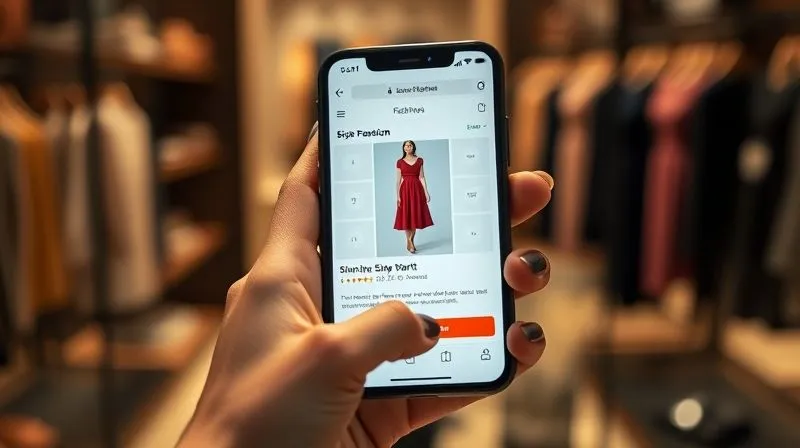 A photorealistic image of a stylish woman's hand scrolling on a smartphone, displaying a highly optimized fashion product page. The page features multiple high-resolution images of a dress, a clear size chart, customer reviews section, and a prominent "Add to Cart" button. Cinematic lighting, sharp focus on the phone screen, depth of field blurring a boutique background. 8K, professional photography, high-end DSLR.