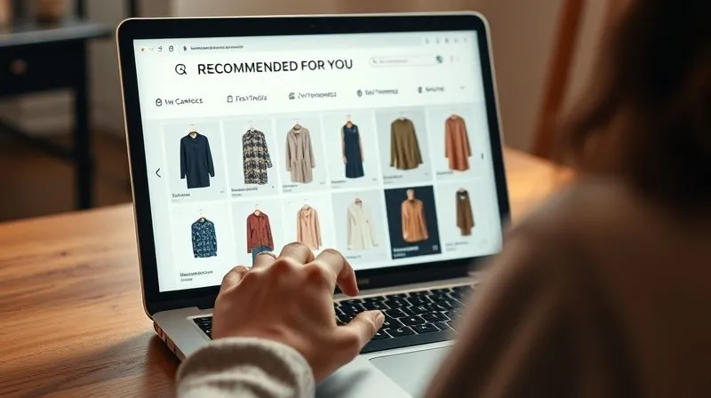 A photorealistic, professional photography, 8K, cinematic lighting, sharp focus, depth of field, shot on a high-end DSLR, depicting a personalized fashion e-commerce experience on a laptop. The screen shows 'Recommended for You' product carousels with diverse clothing items, reflecting user preferences. A user's hand is gently scrolling, engaged with the tailored suggestions.