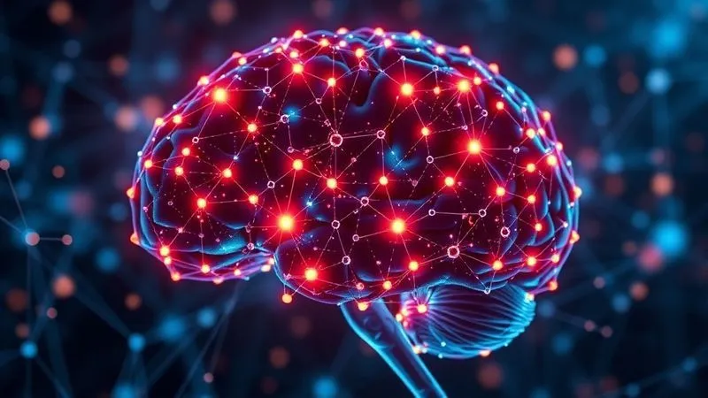 A photorealistic image of a digital brain network glowing with data points, representing knowledge mapping and diagnostic analysis. Interconnected nodes highlight areas of strength and weakness in different colors. Cinematic lighting, sharp focus, 8K, professional photography, shot on a high-end DSLR.