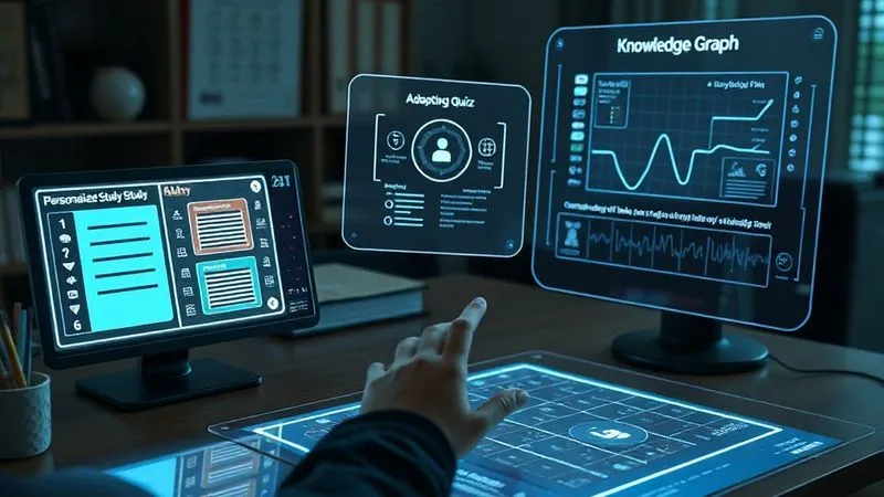 A photorealistic image of a futuristic study desk with multiple holographic screens displaying different AI tools: one showing a personalized study plan, another an adaptive quiz, and a third a knowledge graph. A student's hand is interacting with a touch-sensitive surface. Cinematic lighting, sharp focus, 8K, professional photography, shot on a high-end DSLR.