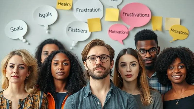 A photorealistic image of a diverse group of people, each representing a distinct user persona, surrounded by thought bubbles and sticky notes with keywords like "goals," "frustrations," "motivations." Professional photography, soft natural light, sharp focus on faces, depth of field, 8K hyper-detailed, high-end DSLR shot.