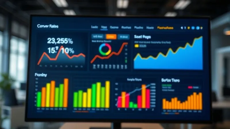 A photorealistic, professional photography of a modern data dashboard displaying various KPIs like conversion rates, bounce rates, and user engagement metrics, all trending upwards. The dashboard is sleek with vibrant, intuitive visualizations. Cinematic lighting, sharp focus on the data, depth of field blurring a subtle office environment, 8K hyper-detailed, high-end DSLR shot.